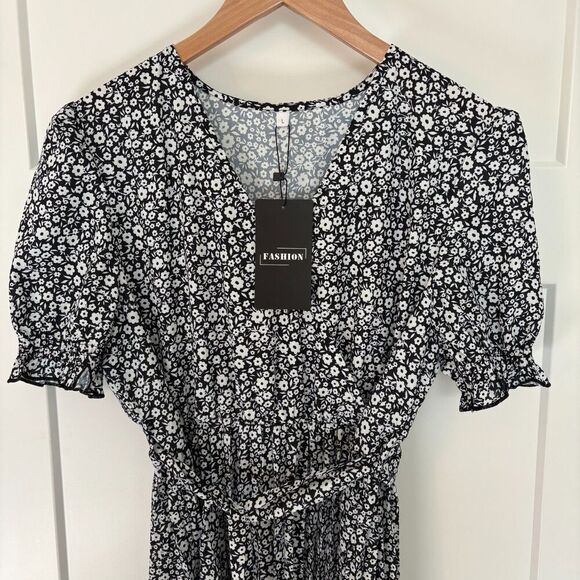 Women’s Black Floral Pleated Midi Dress V-Neck Puff Sleeve Size L New - Picture 4 of 12